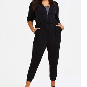 BLACK TERRY ZIP FRONT HOODED JUMPSUIT